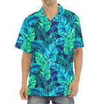 Turquoise Tropical Leaf Pattern Print Aloha Shirt