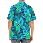 Turquoise Tropical Leaf Pattern Print Aloha Shirt