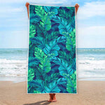 Turquoise Tropical Leaf Pattern Print Beach Towel
