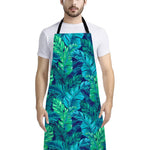 Turquoise Tropical Leaf Pattern Print Bib Apron With Pocket