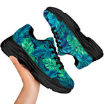 Turquoise Tropical Leaf Pattern Print Black Chunky Shoes
