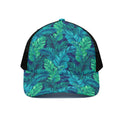 Turquoise Tropical Leaf Pattern Print Black Mesh Trucker Hat