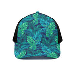 Turquoise Tropical Leaf Pattern Print Black Mesh Trucker Cap