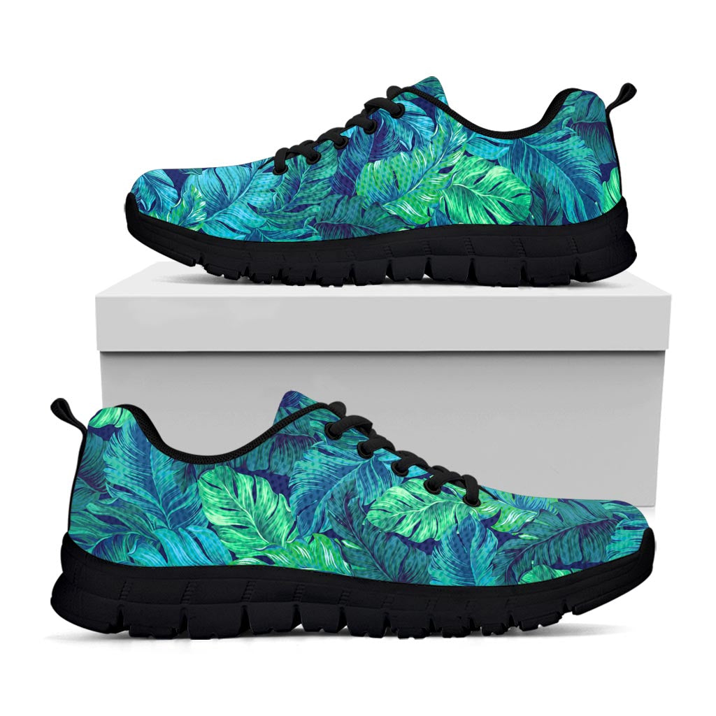 Turquoise Tropical Leaf Pattern Print Black Running Shoes