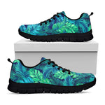Turquoise Tropical Leaf Pattern Print Black Running Shoes