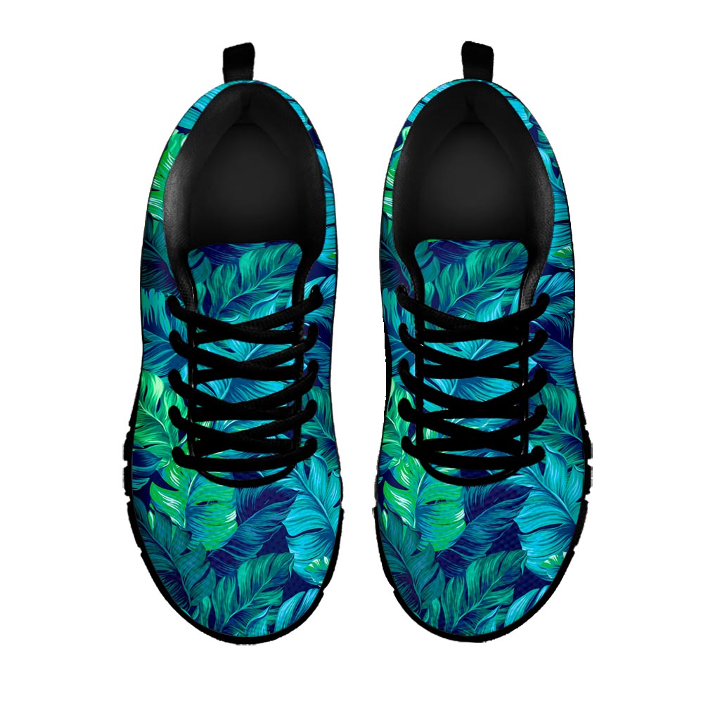 Turquoise Tropical Leaf Pattern Print Black Running Shoes