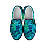 Turquoise Tropical Leaf Pattern Print Black Slip On Sneakers