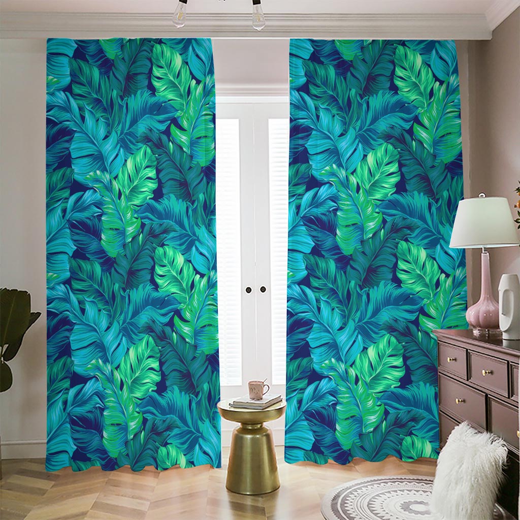 Turquoise Tropical Leaf Pattern Print Blackout Pencil Pleat Curtains