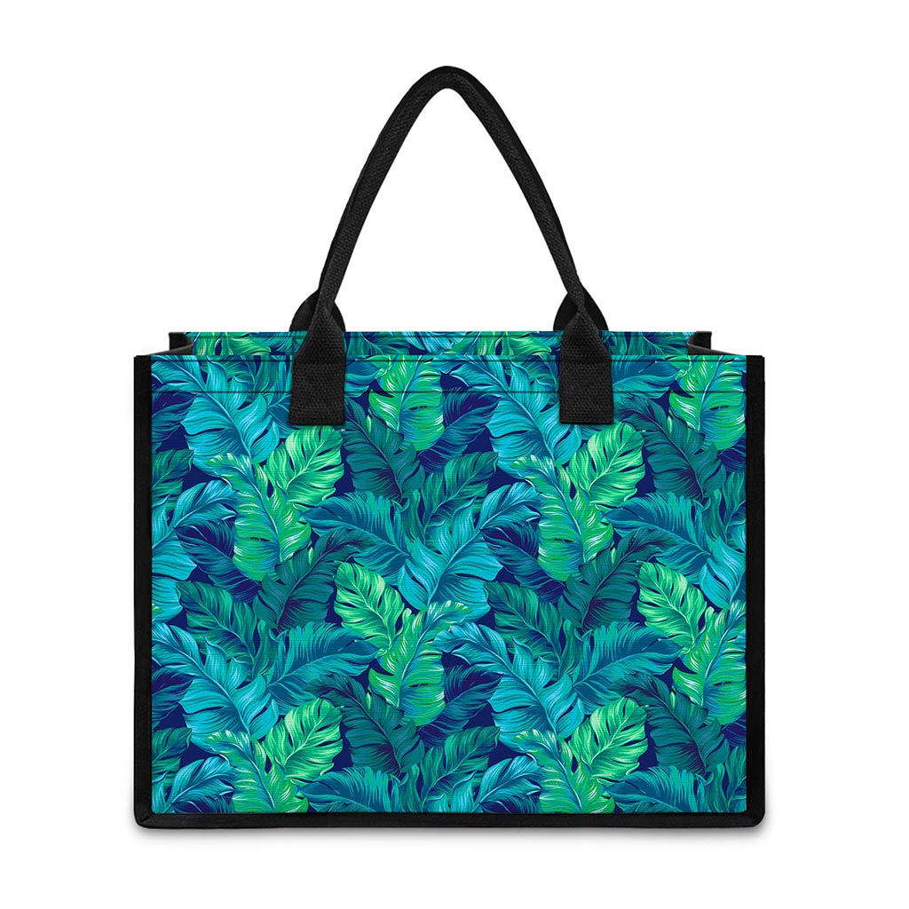 Turquoise Tropical Leaf Pattern Print Canvas Tote Bag