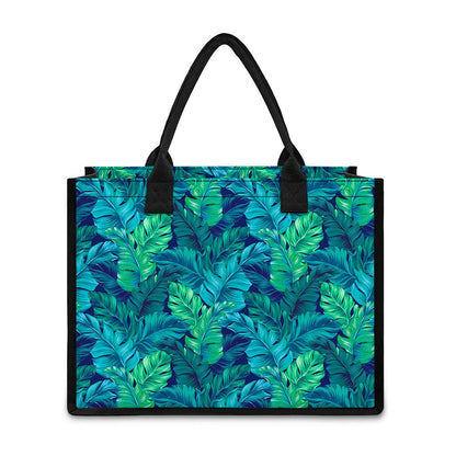 Turquoise Tropical Leaf Pattern Print Canvas Tote Bag