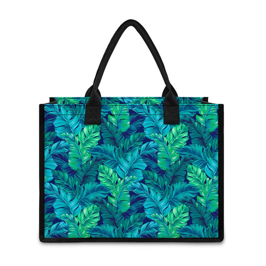 Turquoise Tropical Leaf Pattern Print Canvas Tote Bag
