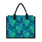 Turquoise Tropical Leaf Pattern Print Canvas Tote Bag