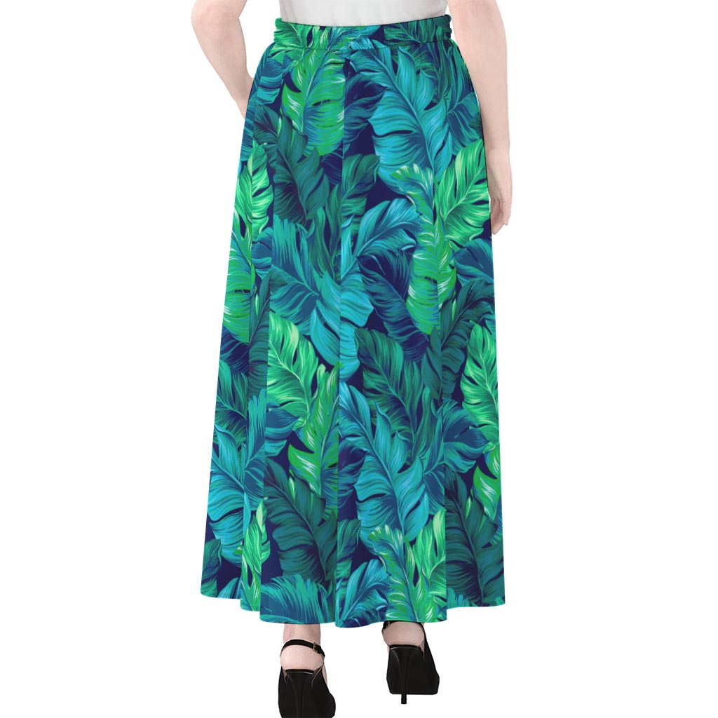 Turquoise Tropical Leaf Pattern Print Chiffon Maxi Skirt