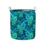 Turquoise Tropical Leaf Pattern Print Collapsible Laundry Basket