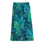 Turquoise Tropical Leaf Pattern Print Cotton Front Slit Maxi Skirt