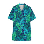 Turquoise Tropical Leaf Pattern Print Cotton Hawaiian Shirt