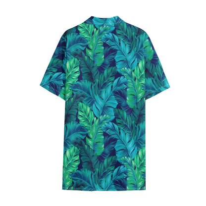 Turquoise Tropical Leaf Pattern Print Cotton Hawaiian Shirt