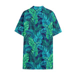 Turquoise Tropical Leaf Pattern Print Cotton Hawaiian Shirt