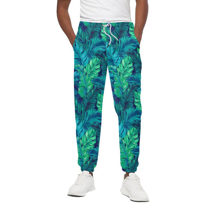 Turquoise Tropical Leaf Pattern Print Cotton Pants