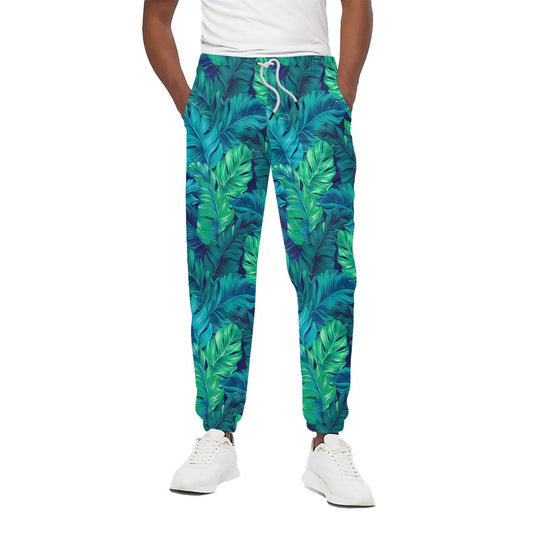 Turquoise Tropical Leaf Pattern Print Cotton Pants
