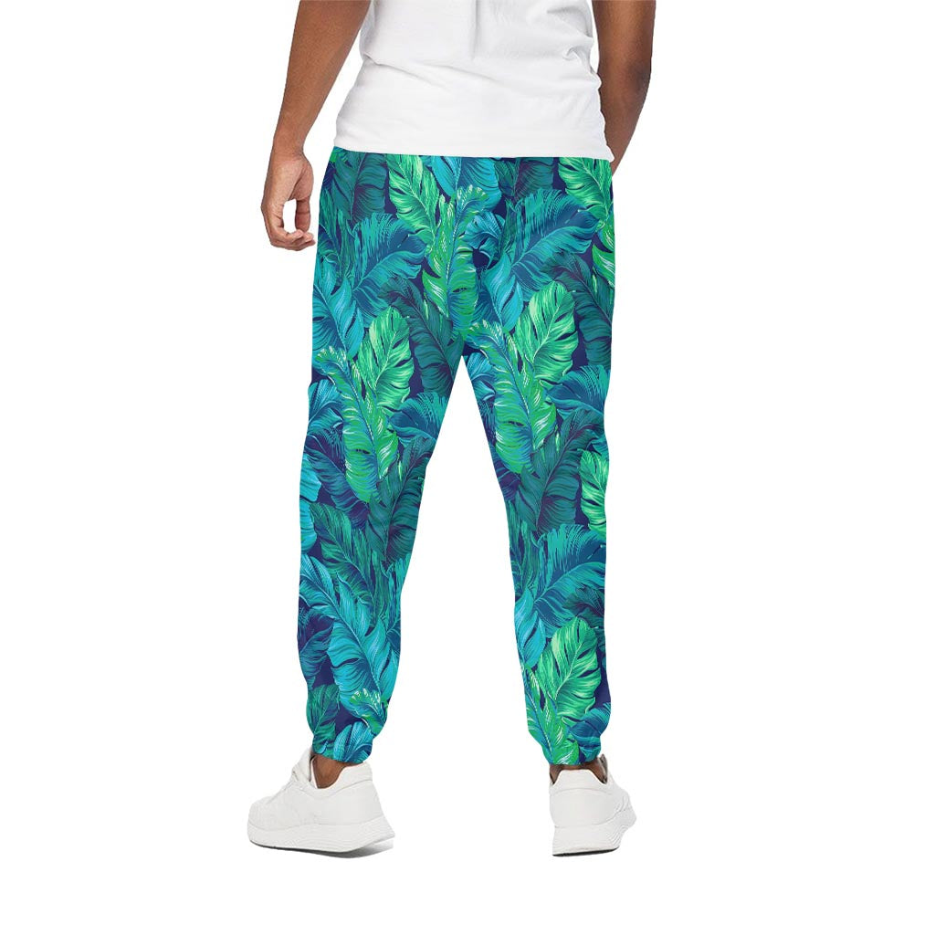 Turquoise Tropical Leaf Pattern Print Cotton Pants