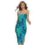 Turquoise Tropical Leaf Pattern Print Cross Back Cami Dress