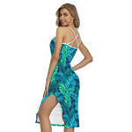 Turquoise Tropical Leaf Pattern Print Cross Back Cami Dress