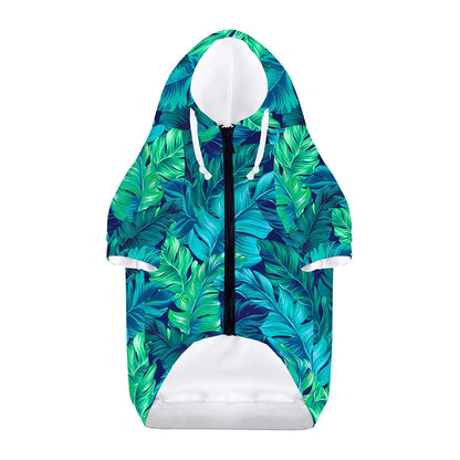 Turquoise Tropical Leaf Pattern Print Dog Zip Up Hoodie
