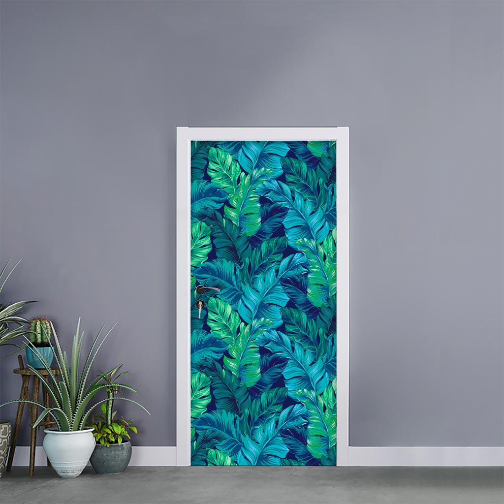 Turquoise Tropical Leaf Pattern Print Door Sticker