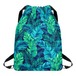 Turquoise Tropical Leaf Pattern Print Drawstring Backpack