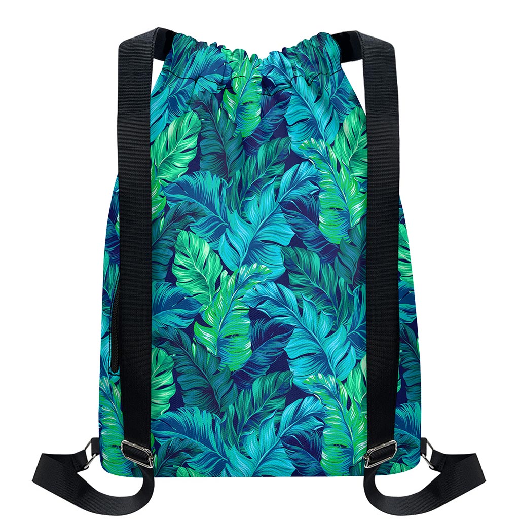 Turquoise Tropical Leaf Pattern Print Drawstring Backpack