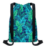 Turquoise Tropical Leaf Pattern Print Drawstring Backpack