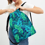 Turquoise Tropical Leaf Pattern Print Drawstring Backpack