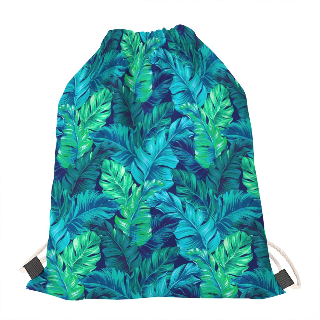 Turquoise Tropical Leaf Pattern Print Drawstring Bag