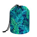 Turquoise Tropical Leaf Pattern Print Drawstring Makeup Bag