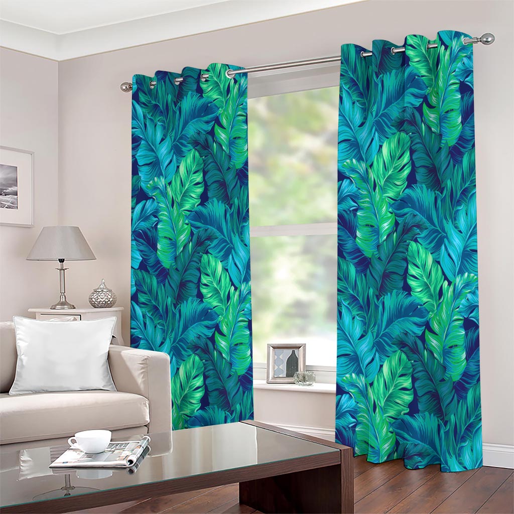 Turquoise Tropical Leaf Pattern Print Extra Wide Grommet Curtains