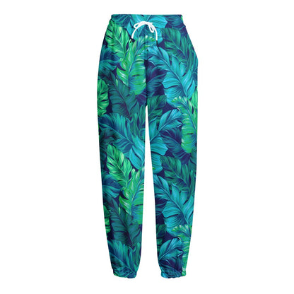 Turquoise Tropical Leaf Pattern Print Fleece Lined Knit Pants