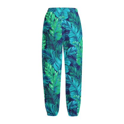 Turquoise Tropical Leaf Pattern Print Fleece Lined Knit Pants