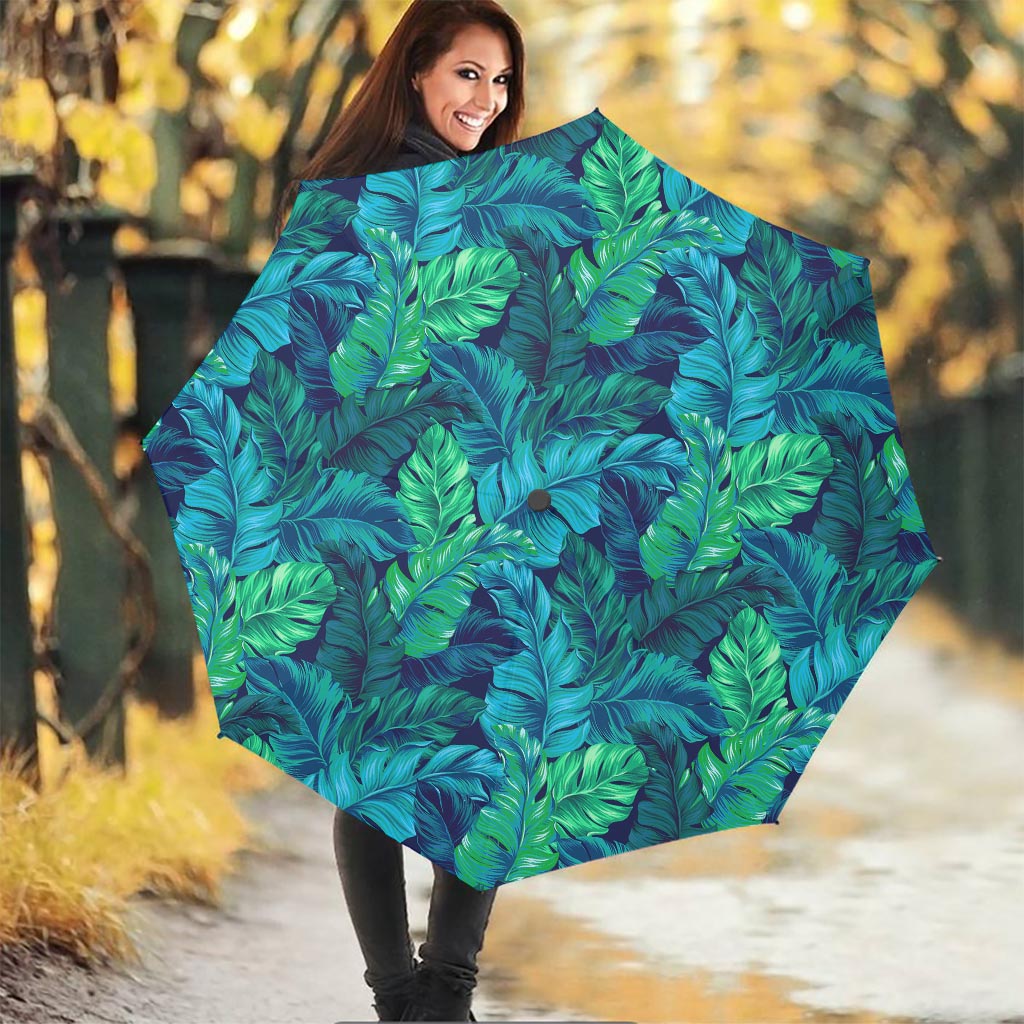 Turquoise Tropical Leaf Pattern Print Foldable Umbrella