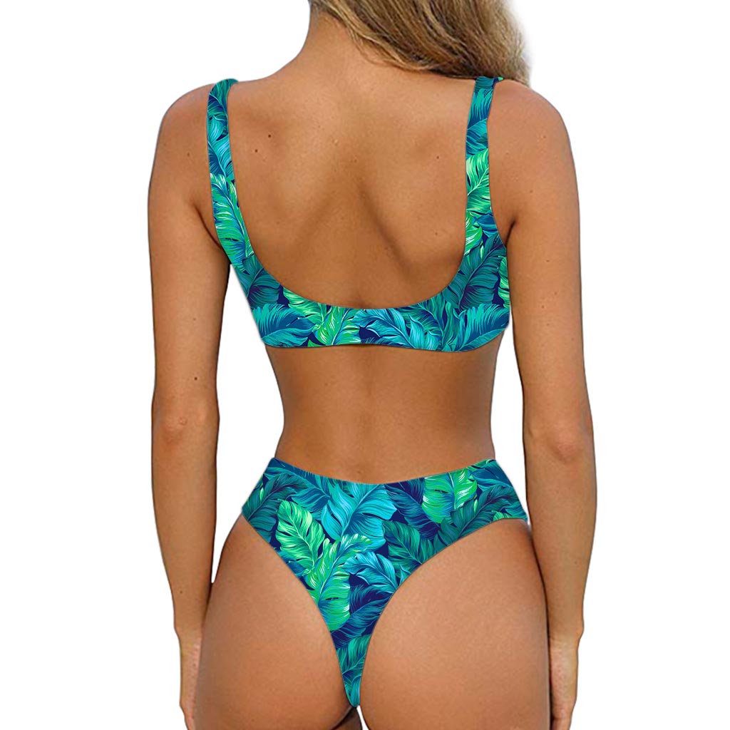 Turquoise Tropical Leaf Pattern Print Front Bow Tie Bikini