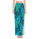 Turquoise Tropical Leaf Pattern Print High Slit Maxi Skirt