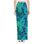 Turquoise Tropical Leaf Pattern Print High Slit Maxi Skirt