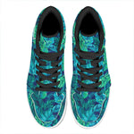 Turquoise Tropical Leaf Pattern Print High Top Leather Sneakers