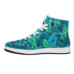 Turquoise Tropical Leaf Pattern Print High Top Leather Sneakers