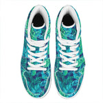 Turquoise Tropical Leaf Pattern Print High Top Leather Sneakers