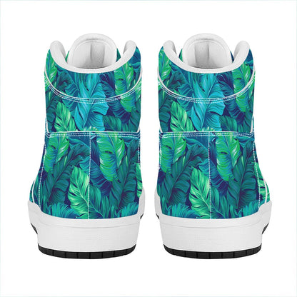 Turquoise Tropical Leaf Pattern Print High Top Leather Sneakers