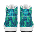 Turquoise Tropical Leaf Pattern Print High Top Leather Sneakers