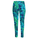 Turquoise Tropical Leaf Pattern Print High-Waisted Pocket Leggings