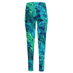 Turquoise Tropical Leaf Pattern Print High-Waisted Pocket Leggings
