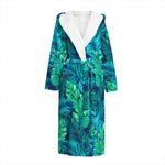 Turquoise Tropical Leaf Pattern Print Hooded Bathrobe